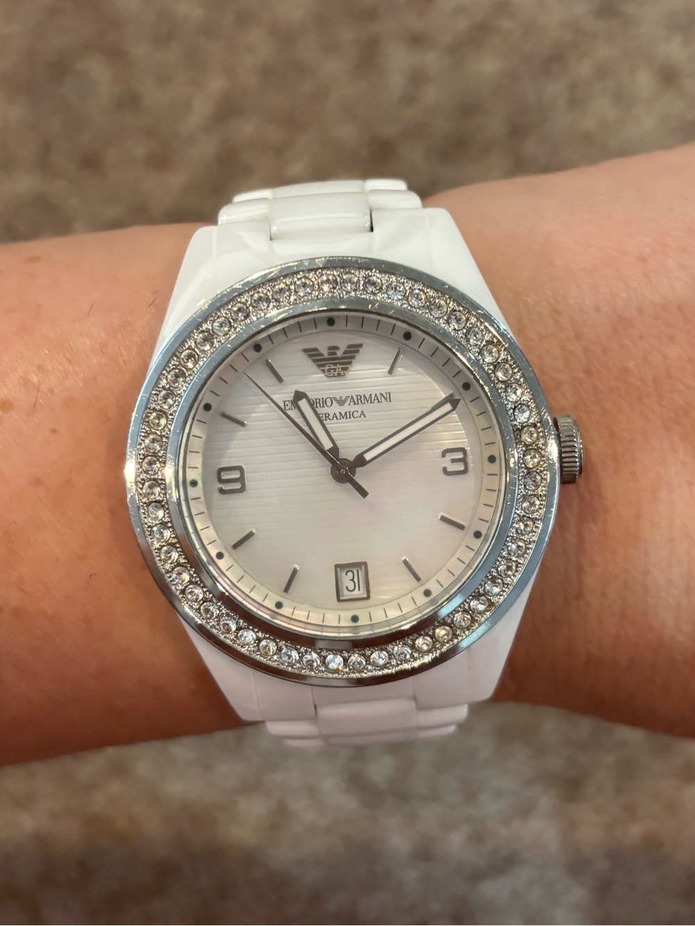 Emporio Armani White Crystal-Accent Women's Watch
